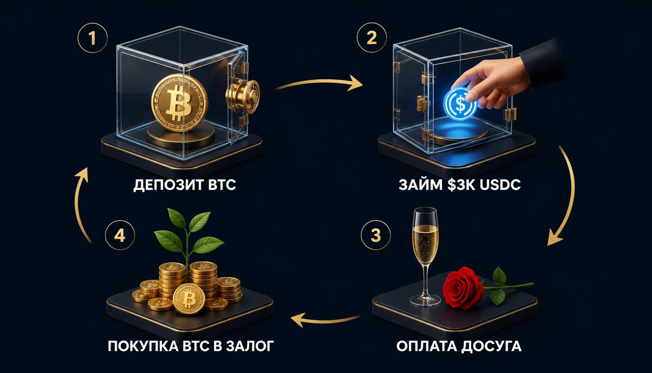 Блок-схема стратегии: депозит BTC, займ USDC, оплата досуга, покупка BTC в залог