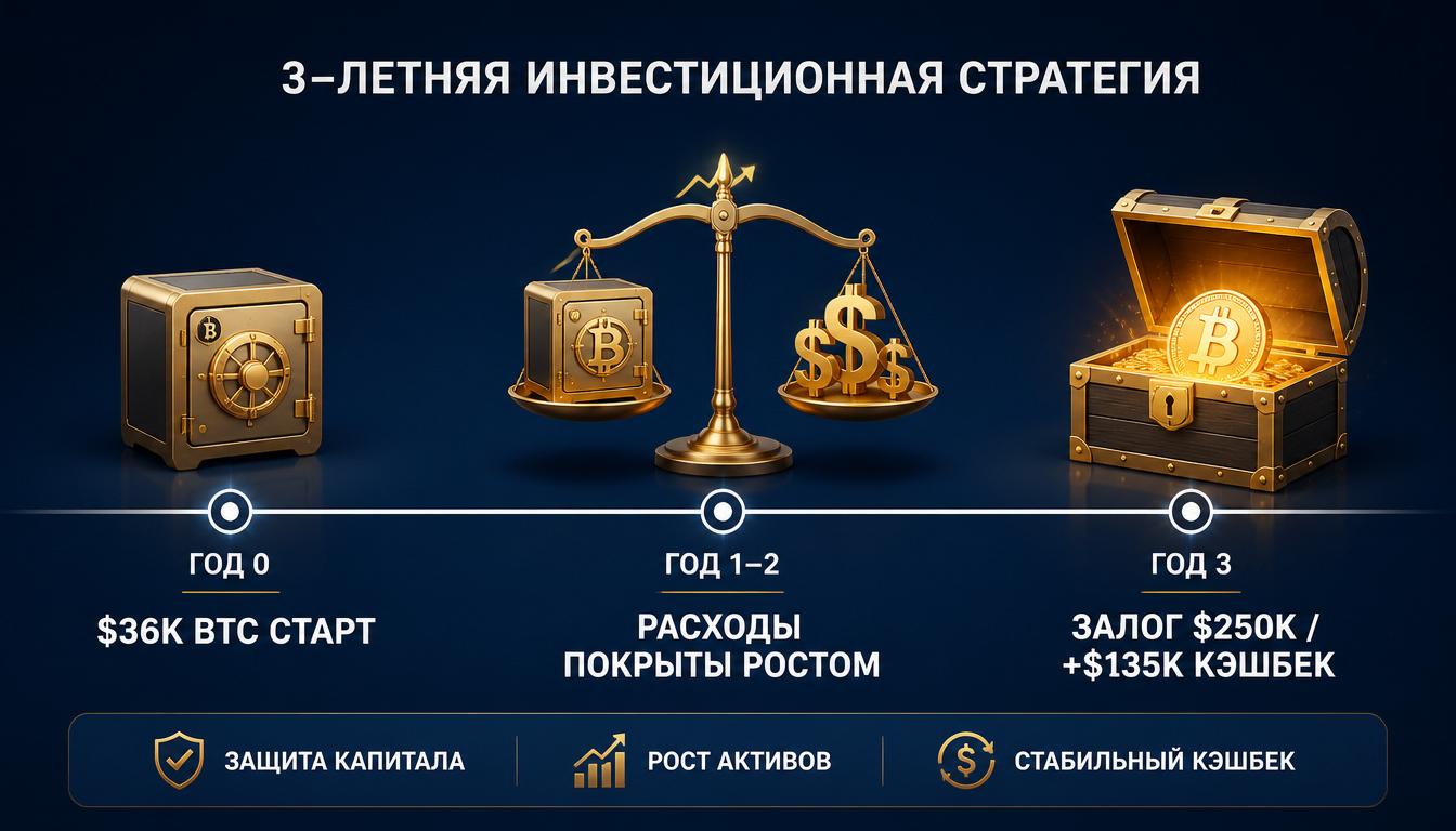 Временная шкала стратегии: $36k BTC старт, расходы покрыты ростом, кэшбек $135k через 3 года