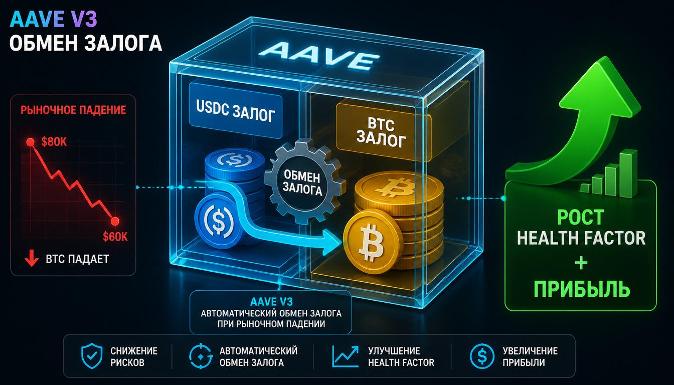 Схема обмена залога в Aave при падении BTC: USDC в BTC, рост Health Factor и прибыль