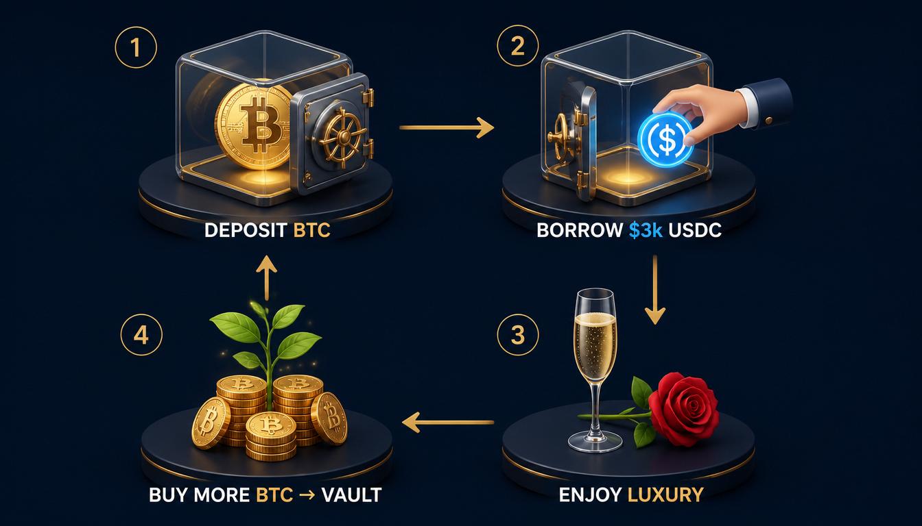 Strategy flowchart: Deposit BTC, Borrow USDC, Enjoy Luxury, Buy More BTC to Vault