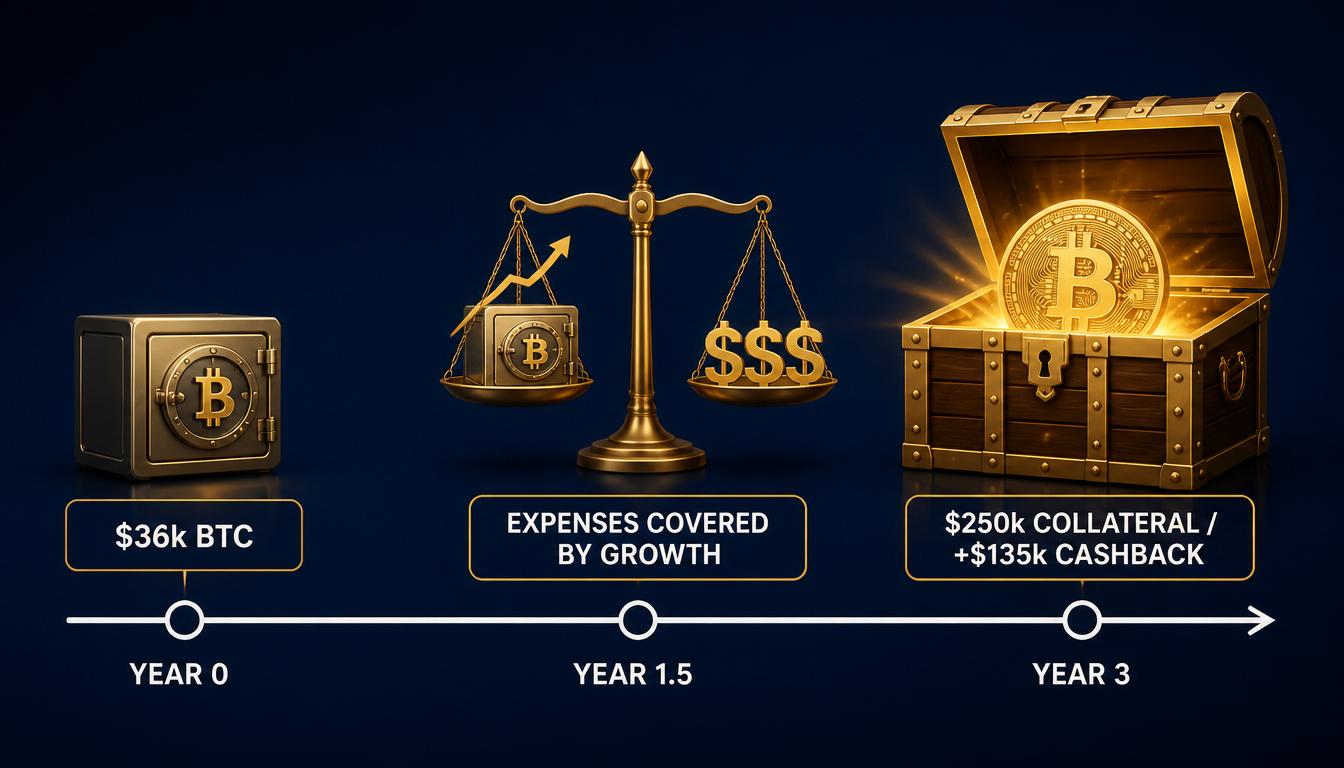 Investment timeline: $36k BTC start, expenses covered by growth, $135k cashback after 3 years