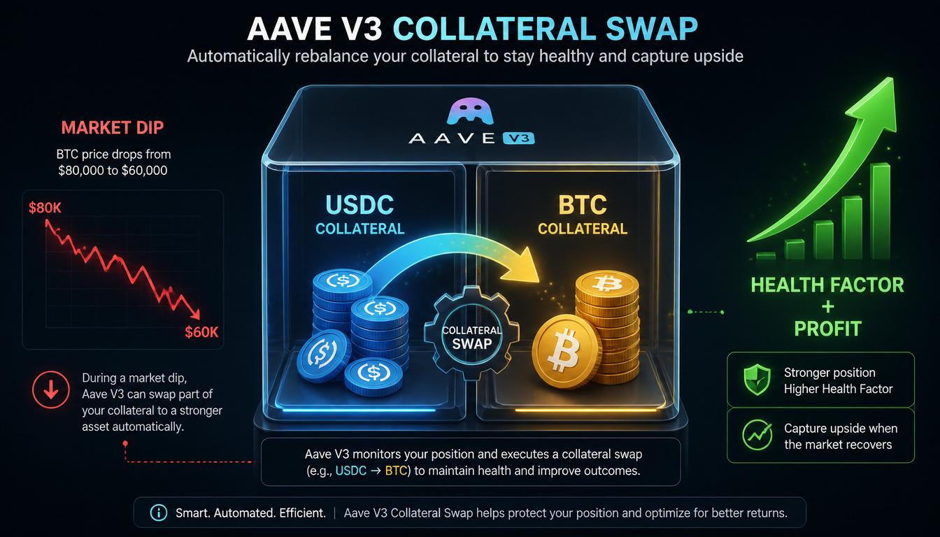 Aave collateral swap diagram: USDC to BTC during dip, Health Factor growth, profit