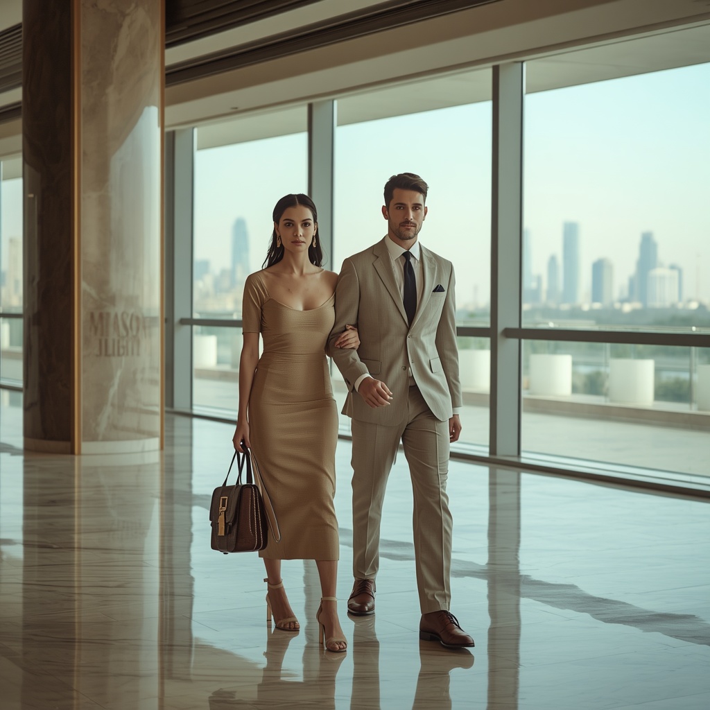 Стильная пара в лобби Four Seasons Bahrain Bay — элитный эскорт в Манаме и Бахрейне